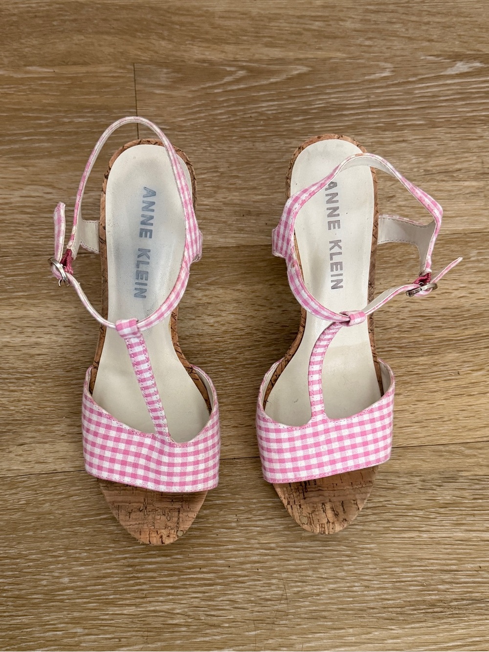 Anne Klein Pink Gingham Cork Block Heel Sandals - Picture 3 of 8